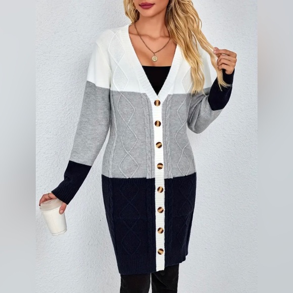 New Cozy Longline Cardigan Chunky Knit Colorblock Long Sleeves White Gray Navy - Picture 5 of 16
